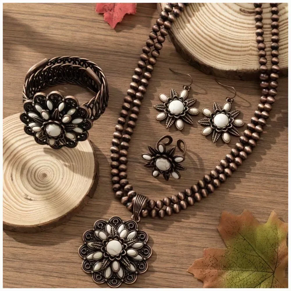 Bohemian 3-Layer Sunflower White Turquoise Faux Stone Jewelry Set 4pc